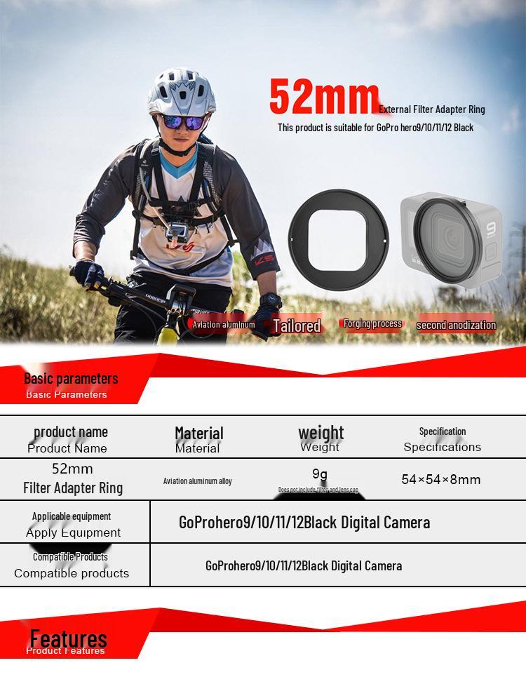 GoPro Hero 12/11/10/9 Diving Filter Adapter Ring - 52mm UV Filter Lens Frame in Aluminum Alloy