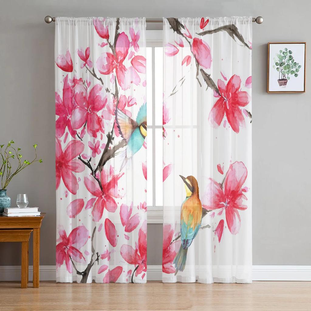 Spring Brown Background Peach Blossom Tulle Curtains Living Room Home Decor Window Curtain Kitchen Voile Sheer Made Of Polyester Sitting