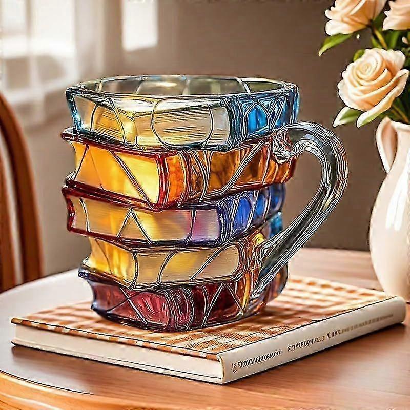 Painted Book Mug, 2025 New 3D Painted Glass Book Mug for Hot Or Cold Drinks, Novelty Books Stack Shaped Coffee Mug Gifts for Book Lovers Friends