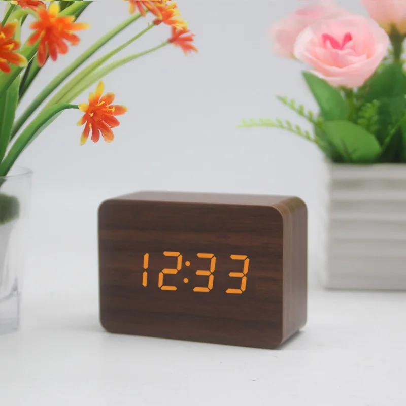 

Retro square wooden LED digital student alarm clock temperature night light display clock fashion wooden home decoration clock коричневый