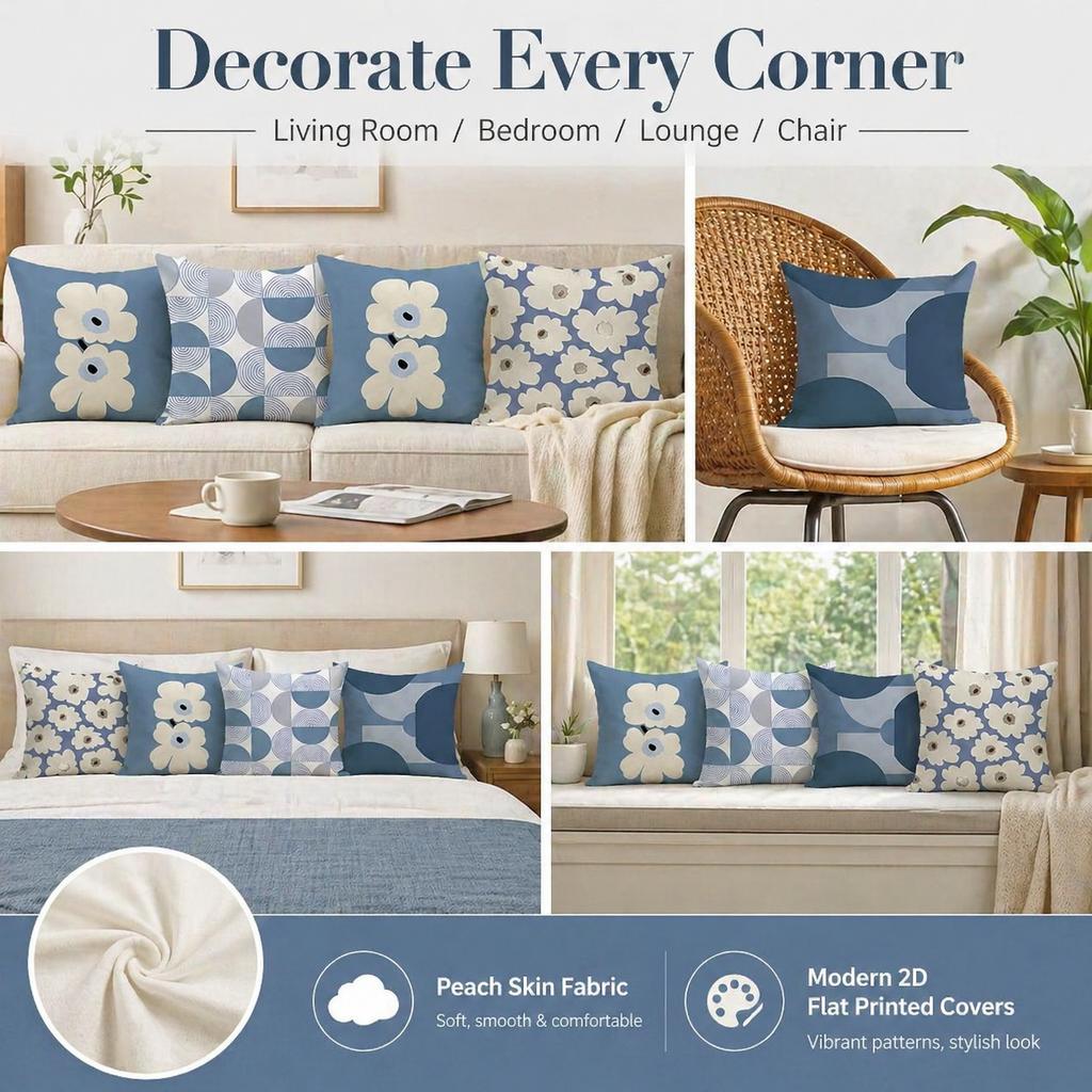 Nordic Blue White Floral Cushion Cover 2D Flat Printed Peach Skin Pillowcase Modern Minimalist Throw Pillow Case For Sofa Decor