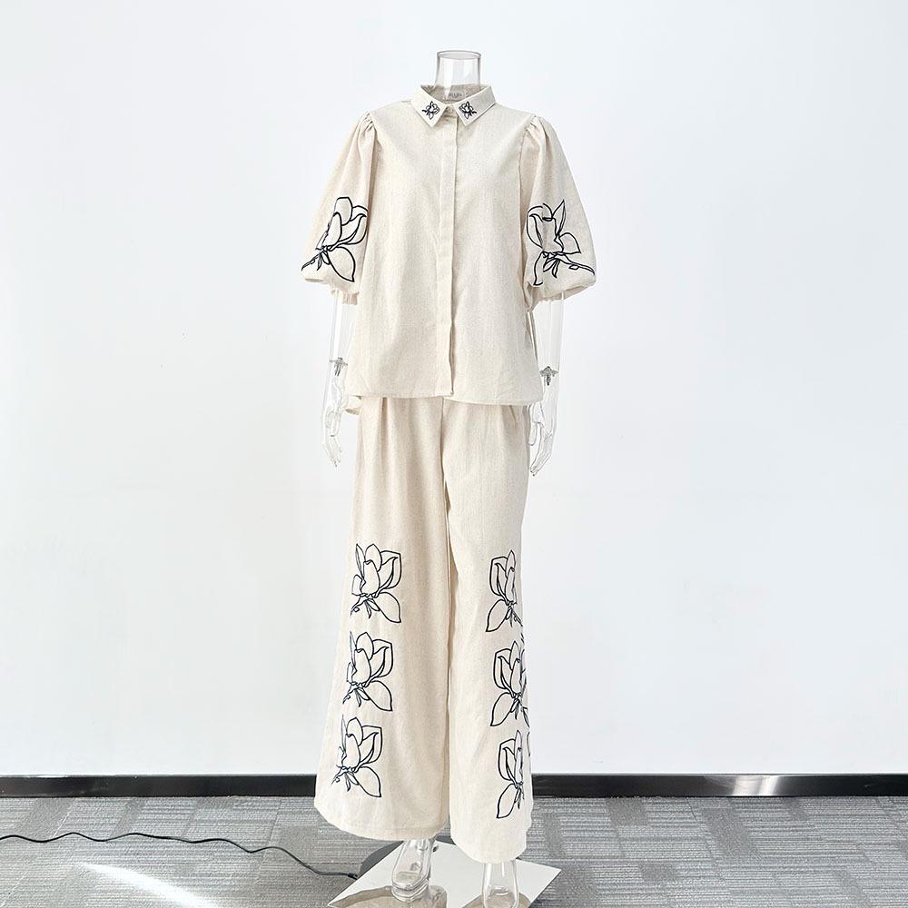 High-End Fashionable Cotton Linen Embroidery Wide-Leg Pants Suit for Women