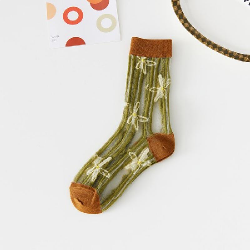 Ultra-thin Transparent Crystal Silk Socks Women Fashion Summer Harajuku Crew Socks Retro Flower Streetwear Elastic Long Socks