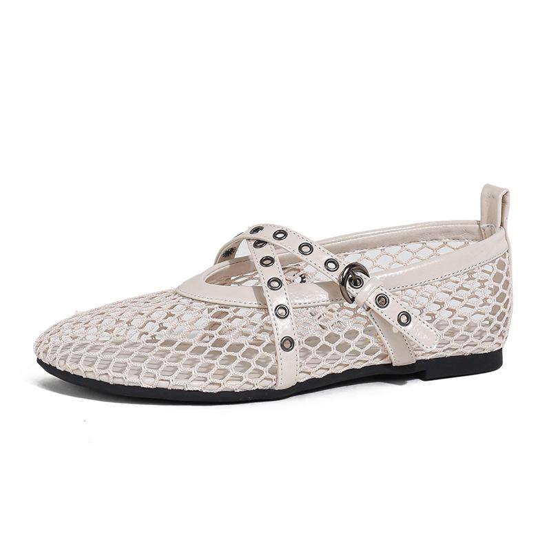 Fashion Air Mesh Breathable Ballet Flats Women Fashion Rivet Belt Buckle Design Flat Shoes for Women Light Cozy Summer Casual Sneakers
