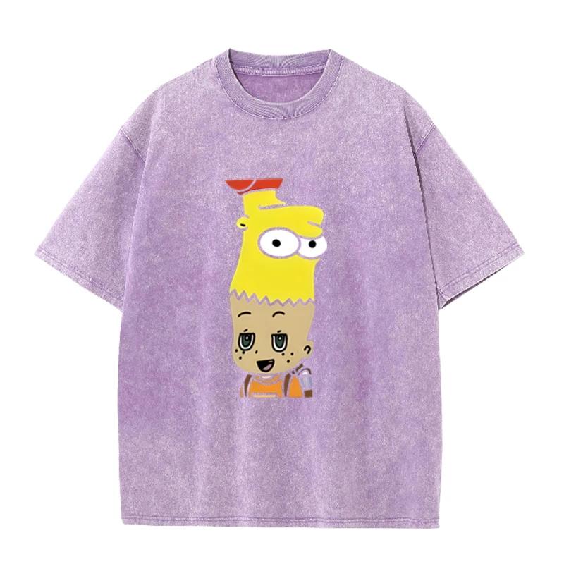Mashup Cartoon Bart Simpson Print Vintage Washed T Shirt Black Casual Streetwear