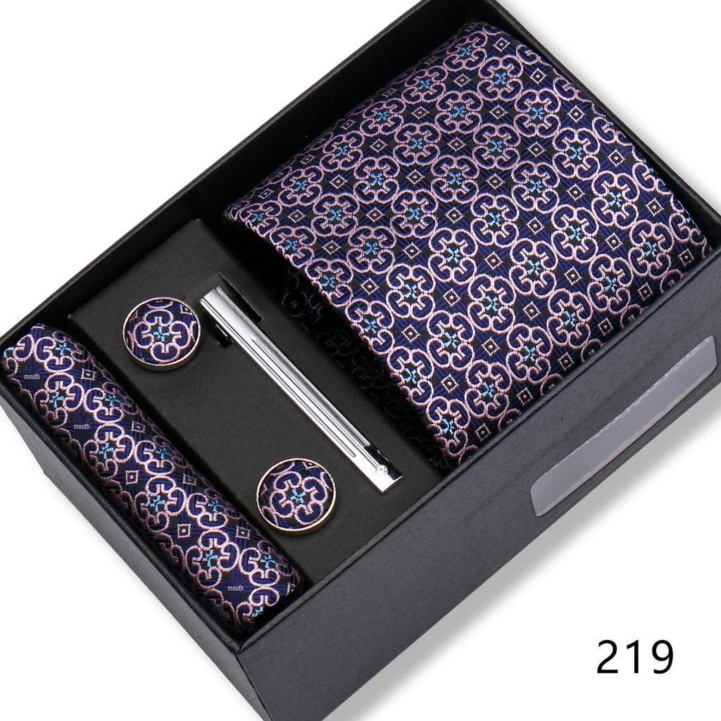 Men's Black & Wine Red Striped Plaid Tie Set with Pocket Square - Formal Wedding Gift Box