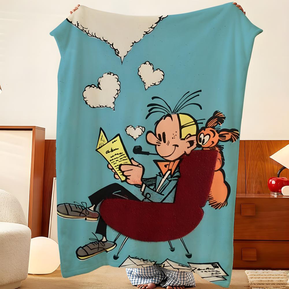 Cartoon S-Spirou en F-Fantasio Gooi Flanellen Plaid, Lichtgewicht Gezellig, Duurzaam Wasbaar schattig Cool