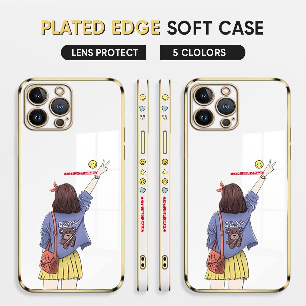 Cartoon Lovely Girl Plating Phone Case for iPhone 11 13 15 Samsung Galaxy A52 Xiaomi Redmi 12C Note 10 Pro Oneplus Soft Smartphone Cover Cases