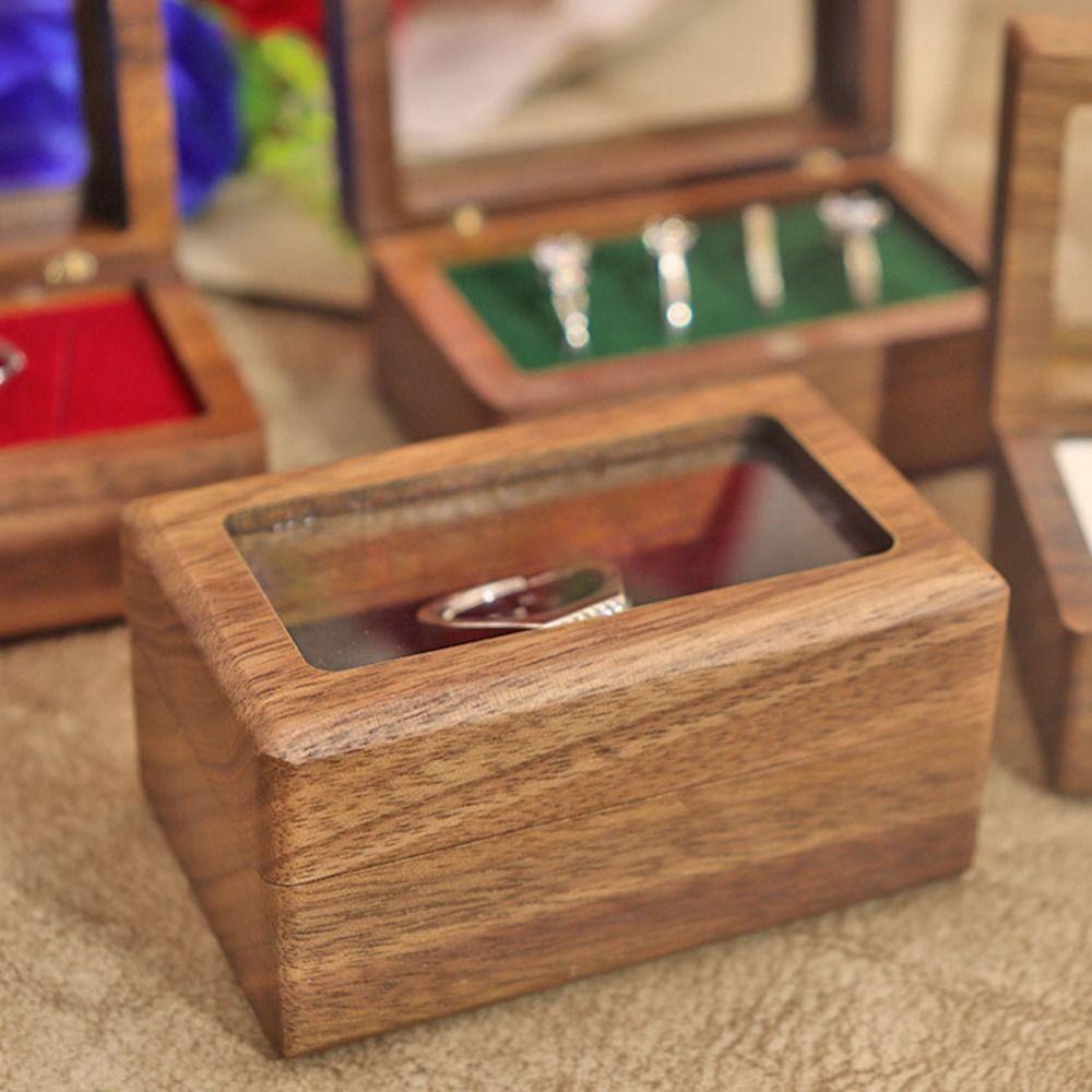 Magnetic Cover Square Rings Holder 4 Slots Jewelry Ring Holder Black Walnut Cufflinks Box  Wedding