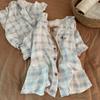 Cute doll collar blue plaid sausage puppy pajamas women's summer short-sleeved shorts two-piece set lazy style loungewear