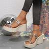 New thick-soled high-heeled rhinestone transparent one-word cool slippers women's slope heel beach slippers