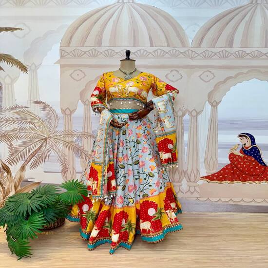 Multicolour Printed Lehenga Set with Animal Motifs