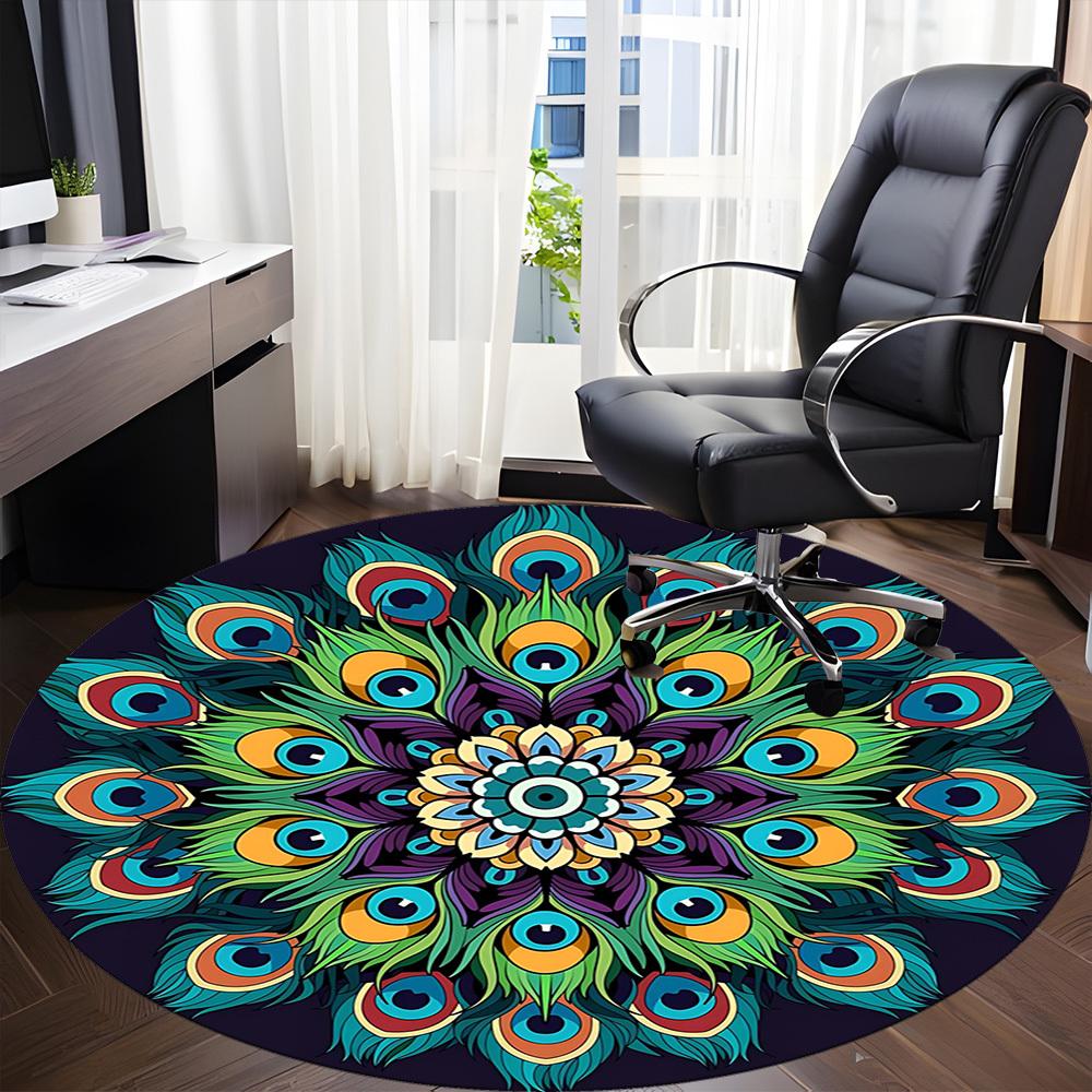 1PC Peacock Feather Mandala Office Round Rug, Non Slip, Soft and Durable Office Rug for Interior Decoration, Perfect for Office
