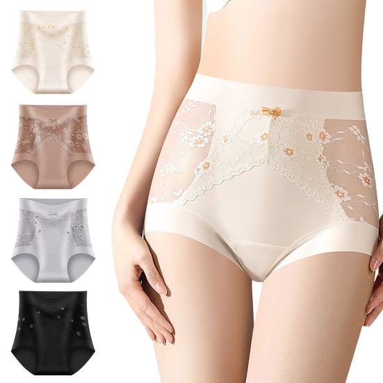 Women's High Waisted Underwear Ladies Sexy Lace Ice Silk Panties Full Coverage Breathable Soft Stretch Briefs