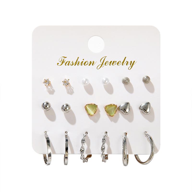 European and American New Temperament Stud Earrings, Geometric Creative Retro Pearl Circle Love 9 Pairs Set