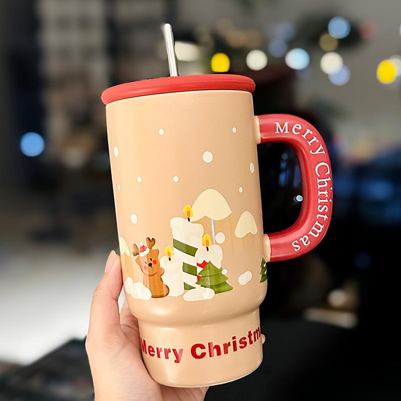 Christmas Ceramic Mug With Lid Large Capacity Household Straw Cup Creative Christmas Gift Souvenir about 800ml