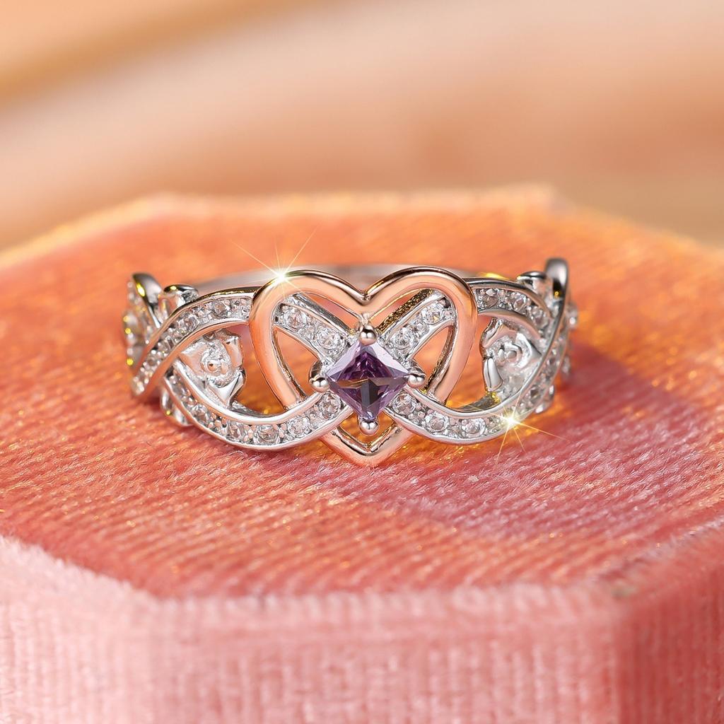 Jewelry Rose Princess diamond ring, European and American simple love-shaped zircon ring