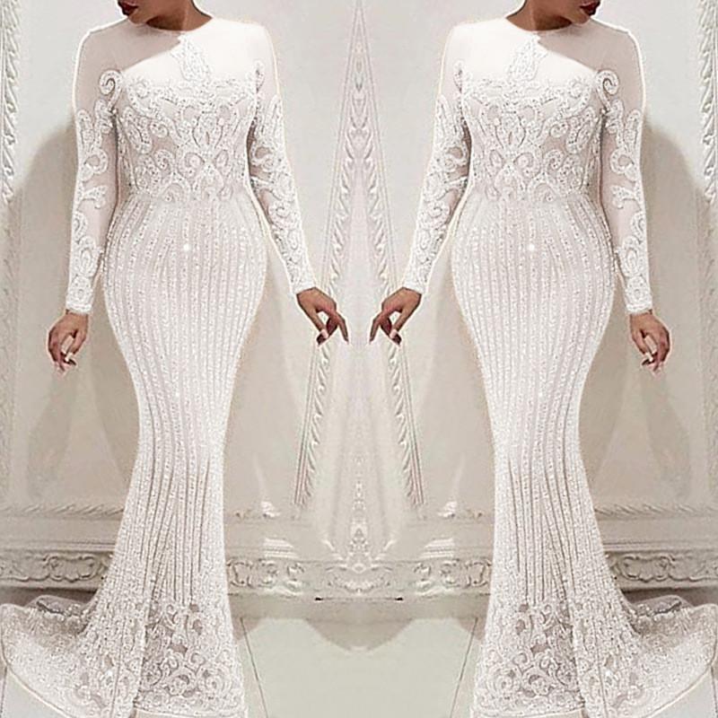 Kvinner Bryllup Brude Brudepiker Elegant Langermet Rund Hals Glitters Maxi Lang Kjole Fest Ballkjole