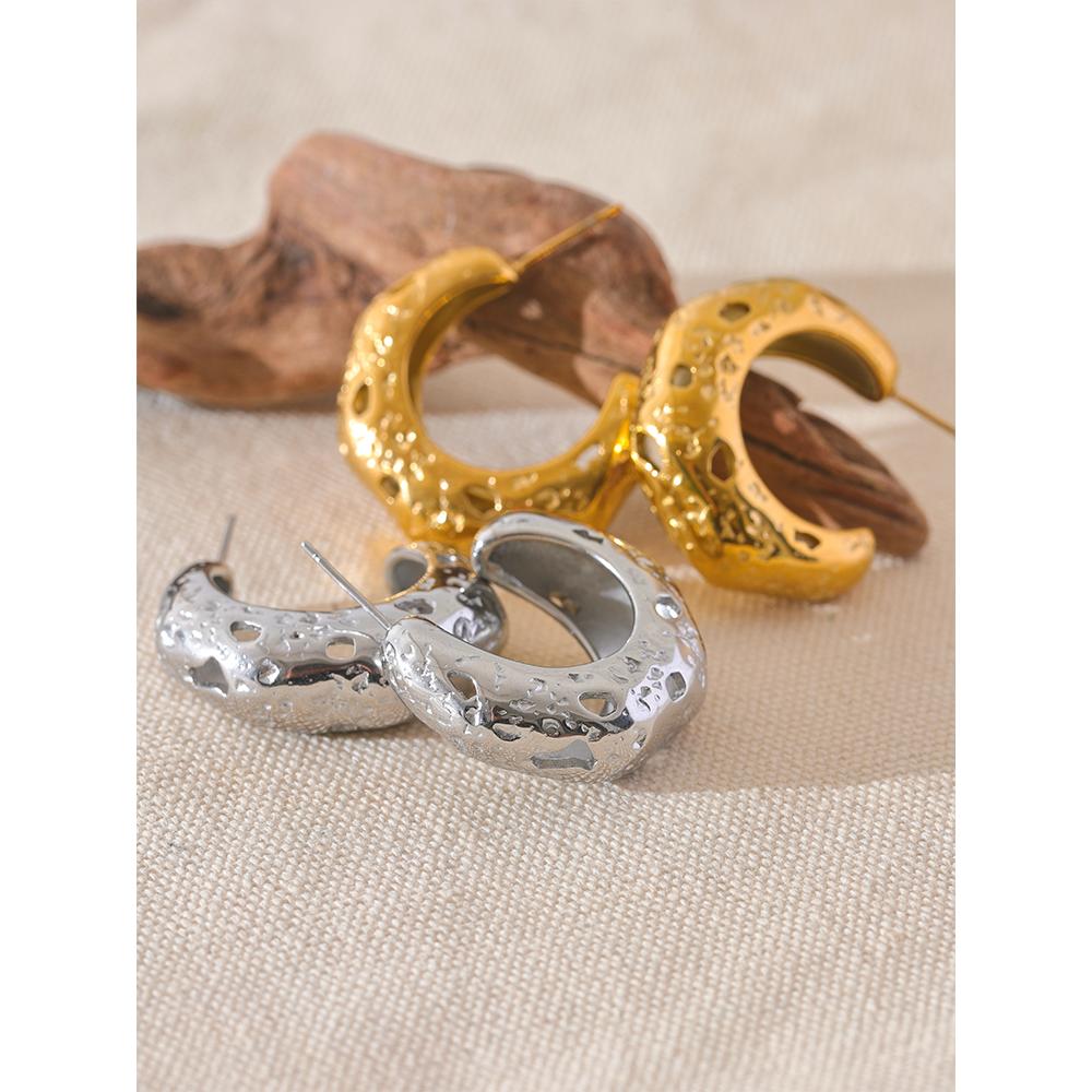 Yhpup 316L Hammer Stainless Steel Metal C-Shape Vintage Earrings Waterproof  Women 18K Gold Plated Attractive Statement  Jewelry