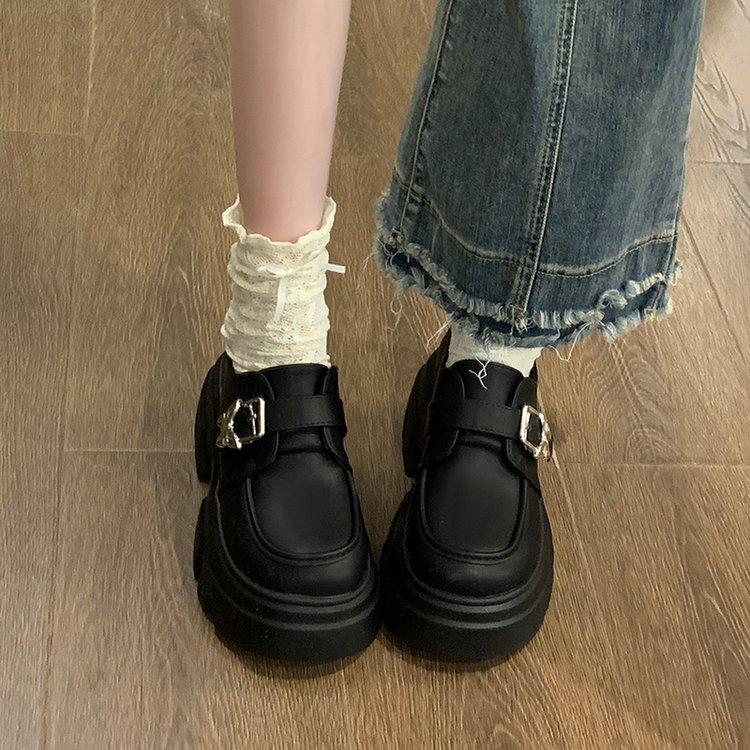 Thick-soled Black Small Leather Shoes Women's 2025 New Spring and Autumn British Style Thick Heel Heightened Round Head Japanese Jk Loafer Single Sh