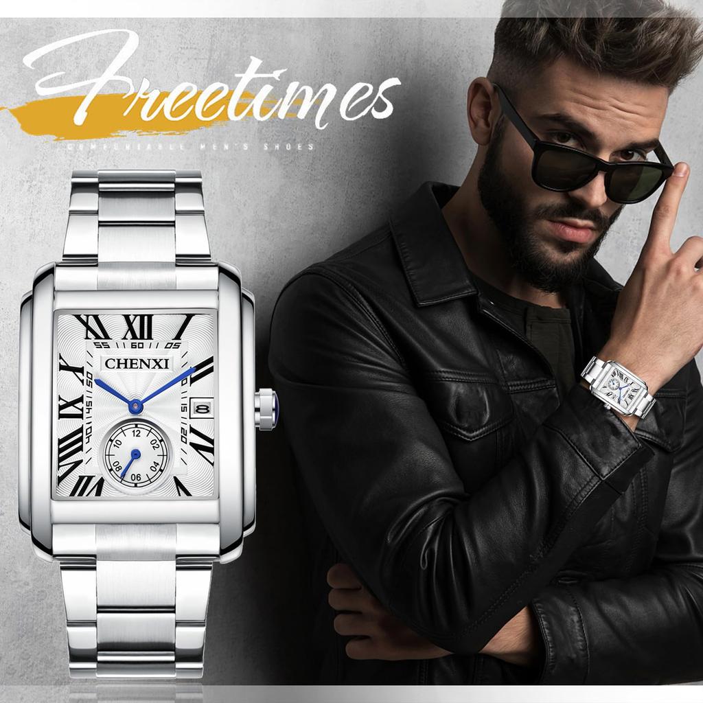 Square 3ATM Water Stainless Steel Roman Analog Quartz Casual Fashion Accessory Perfect Gift for or Boyfriend Men's Watch, Resistant, Band Numerals,