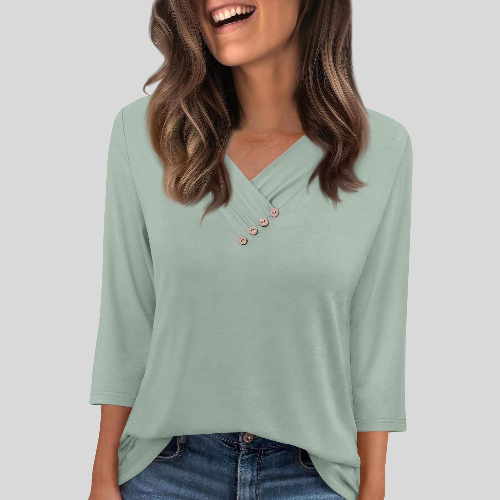 

Женская футболка, футболка, пуговица, рукав 3/4, туника, повседневная, для выходных, модная, базовая, с V-образным вырезом, обычный топ S