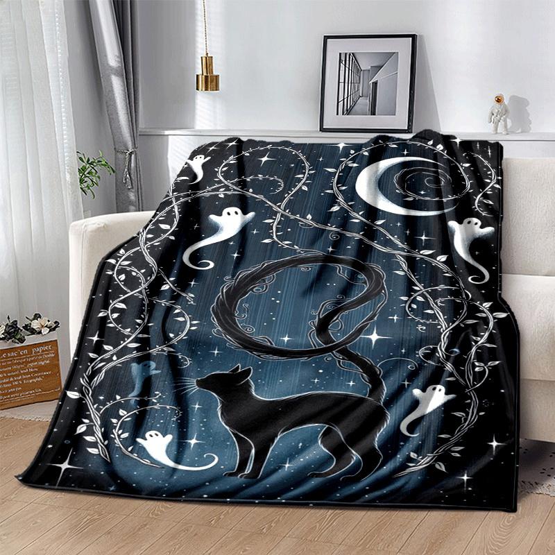 1pc Black Cat Printing Lightweight Flannel Blanket, Comfortable and Warm Blanket, for Camping Sofa Bed and Couch Office, in All Seasons