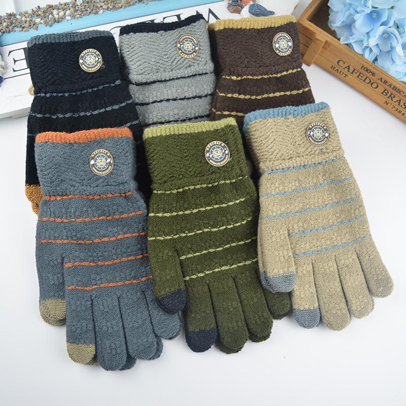 Autumn and Winter Men's Touch Screen Gloves New Knitted Wool Plush Warm Fashion Marked Striped Cycling Gloves