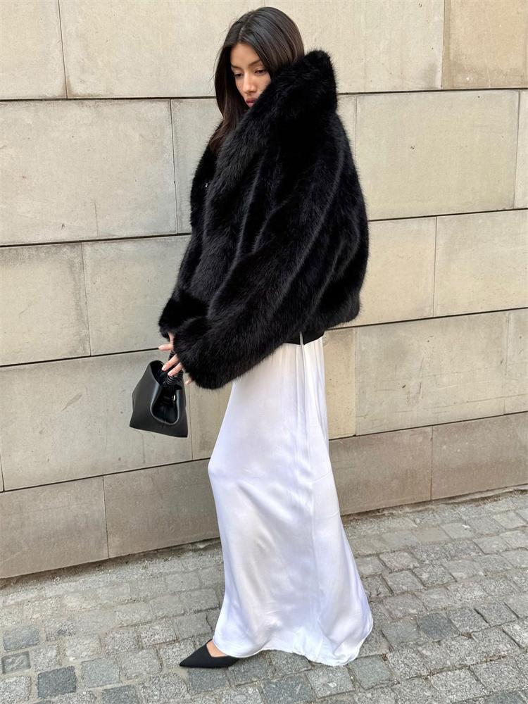 Wintermode Pelz Feder Oberbekleidung für Damen Revers Hohe Taille Warm Locker Langarm Pendelmantel Weiblich Pelz Feder