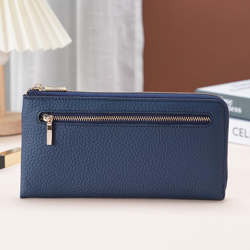 

Genuine leather female wallet long anti-theft brush cowhide coin change bag multi-card position hand wallet female синій
