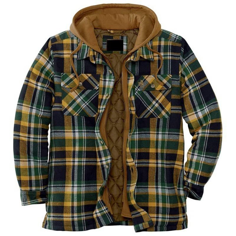 Men's Clothing European and American Autumn and Winter Thickened Cotton-padded Plaid Long-sleeved Loose Hooded Jacket