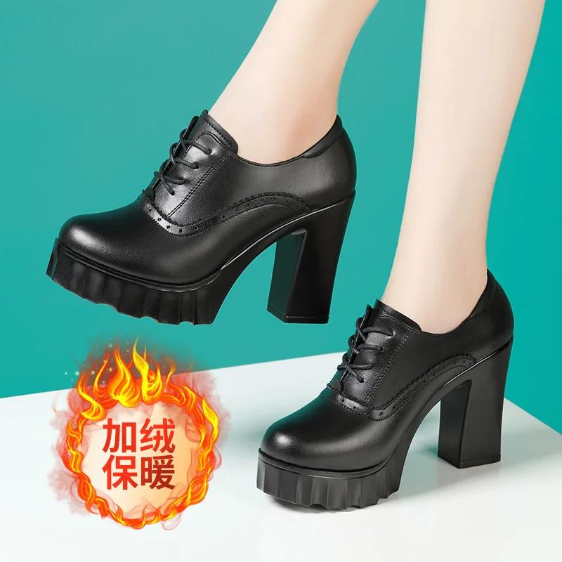 10cm Small Size 32-43 British Deep Mouth Platform Shoes Brogues Fall 2025 Block High Heels Shoes Genuine Leather Shoes Office