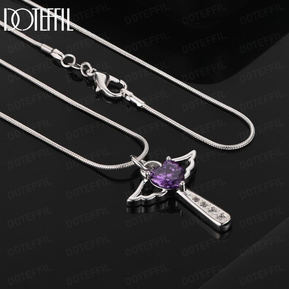 925 Sterling Silver Fashion Jewelry Purple AAA Zircon Cross Necklace 45CM