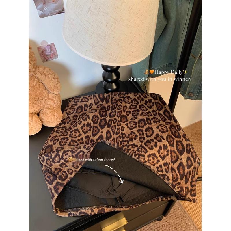 2024 European Leopard Print A-line Midi Skirt - High Waist, Slimming, Petite, Autumn Winter Style
