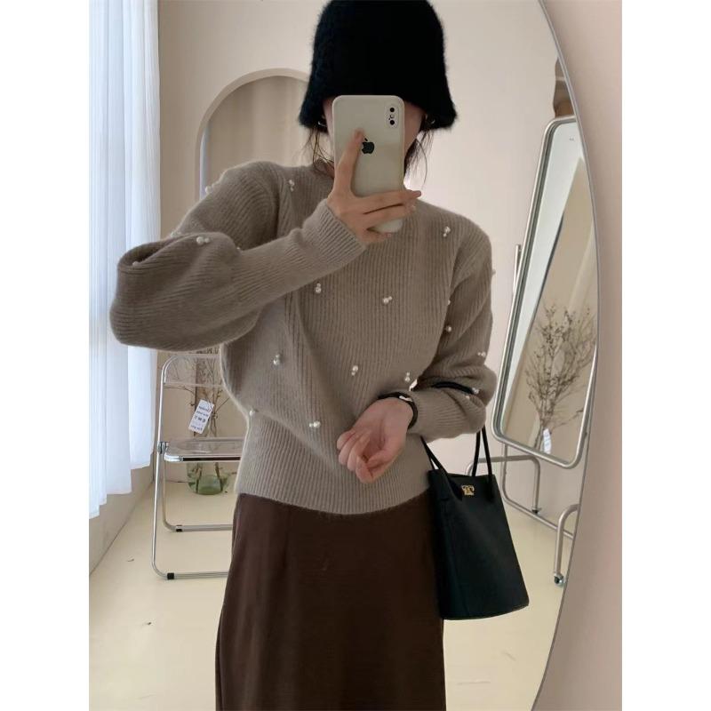 Soft and Glutinous Round Neck Pullover Pearl Sweater 2025 Autumn Winter French Base Knitted Sweater Top