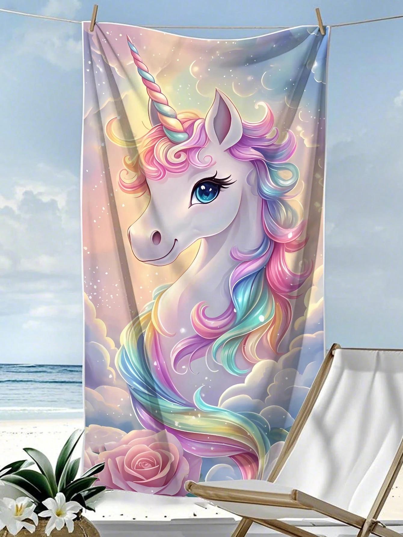 This Oversized Beach Towel Features A Dreamy, Fantasy-Inspired Design With Unicorns And Rainbow W30*H60(CM)