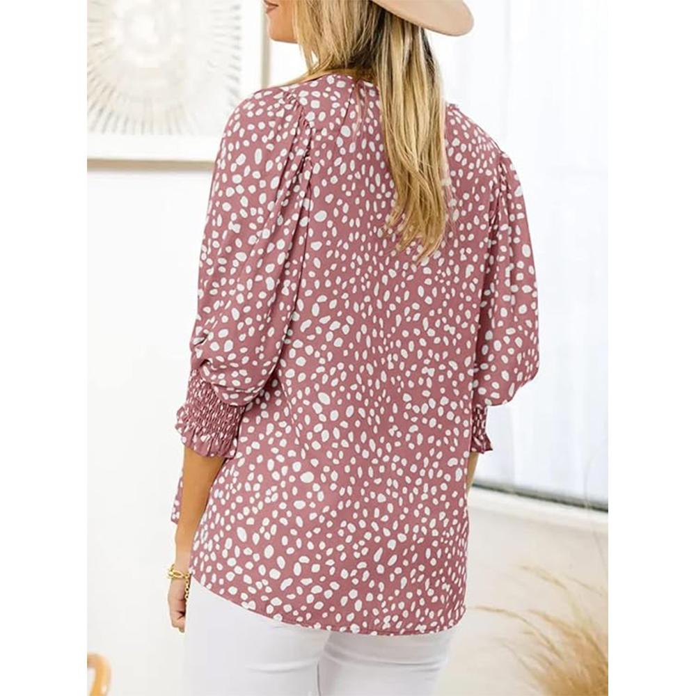 3/4 Sleeve Length Womens Tops Crewneck Loose Fit Polka Dot Blouses Dressy Casual Chiffon Shirts