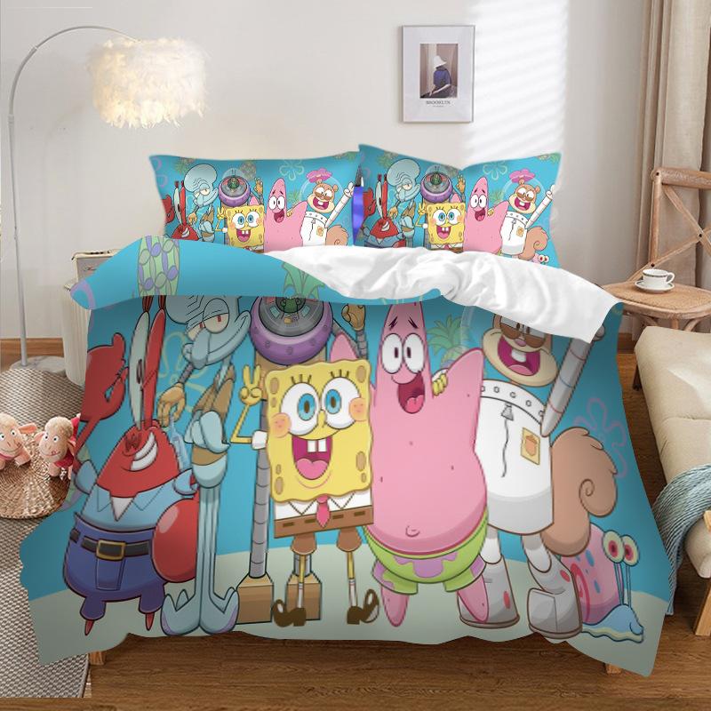 Three-Piece Home Textile Four-Piece Cartoon Spongebob Squarepants 3D Digital Printing Quilt Cover Pillowcase Bedding