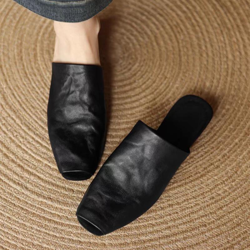Women's Mules Outer Wear Woman Square Closed Toe Slippers Cowhide Lazier Flats Genuine Leather Simple Style Soft Mule Flat Shoes