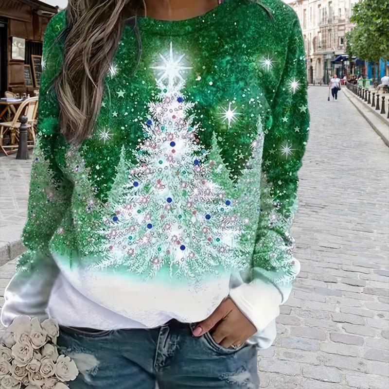 

Топы для женщин, красивая футболка с круглым вырезом и принтом рождественской елки, длинный рукав, осенний повседневный тонкий пуловер, женский топ с длинным рукавом M