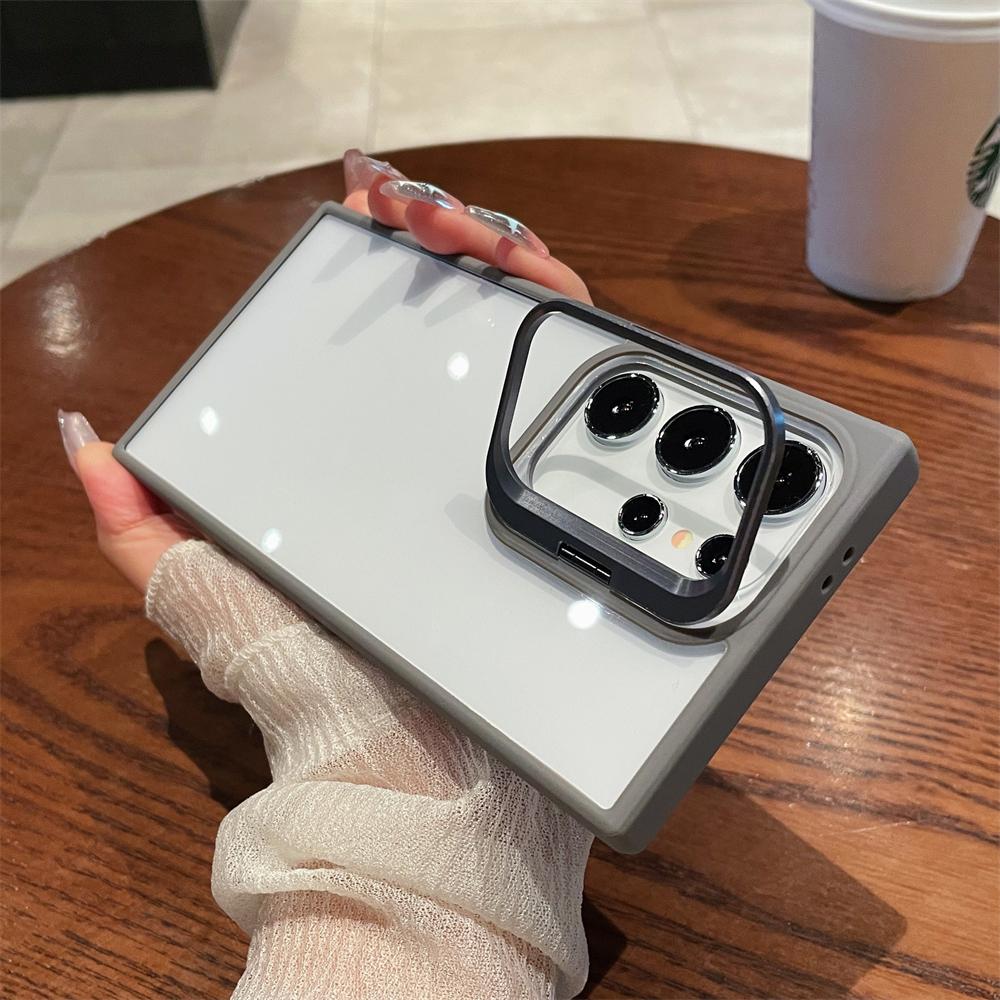 Luxury Camera Stand Folding Holder Clear Case For Samsung Galaxy S24 Ultra S22 Plus S23 FE Lens Protector Transparent Hard Cover