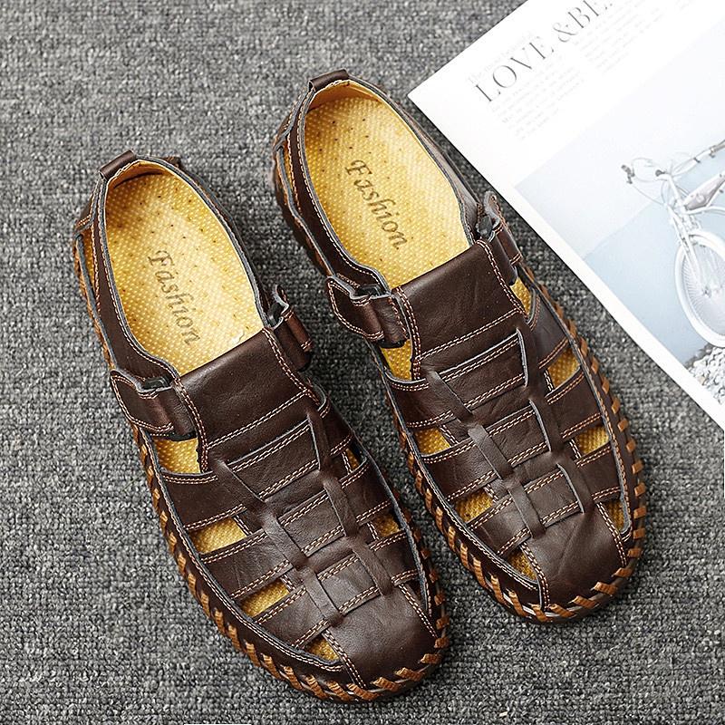 Pánské letní duté kožené sandály prodyšné vintage kožené boty pro volný čas outdoor ploché brodění mokasíny plážové pantofle