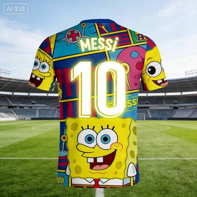Messi #10 AI-generated SpongeBob SquarePants Soccer Jersey 2026 Men's Quick-drying Breathable Kids Short Sleeve Football Fan Tee
