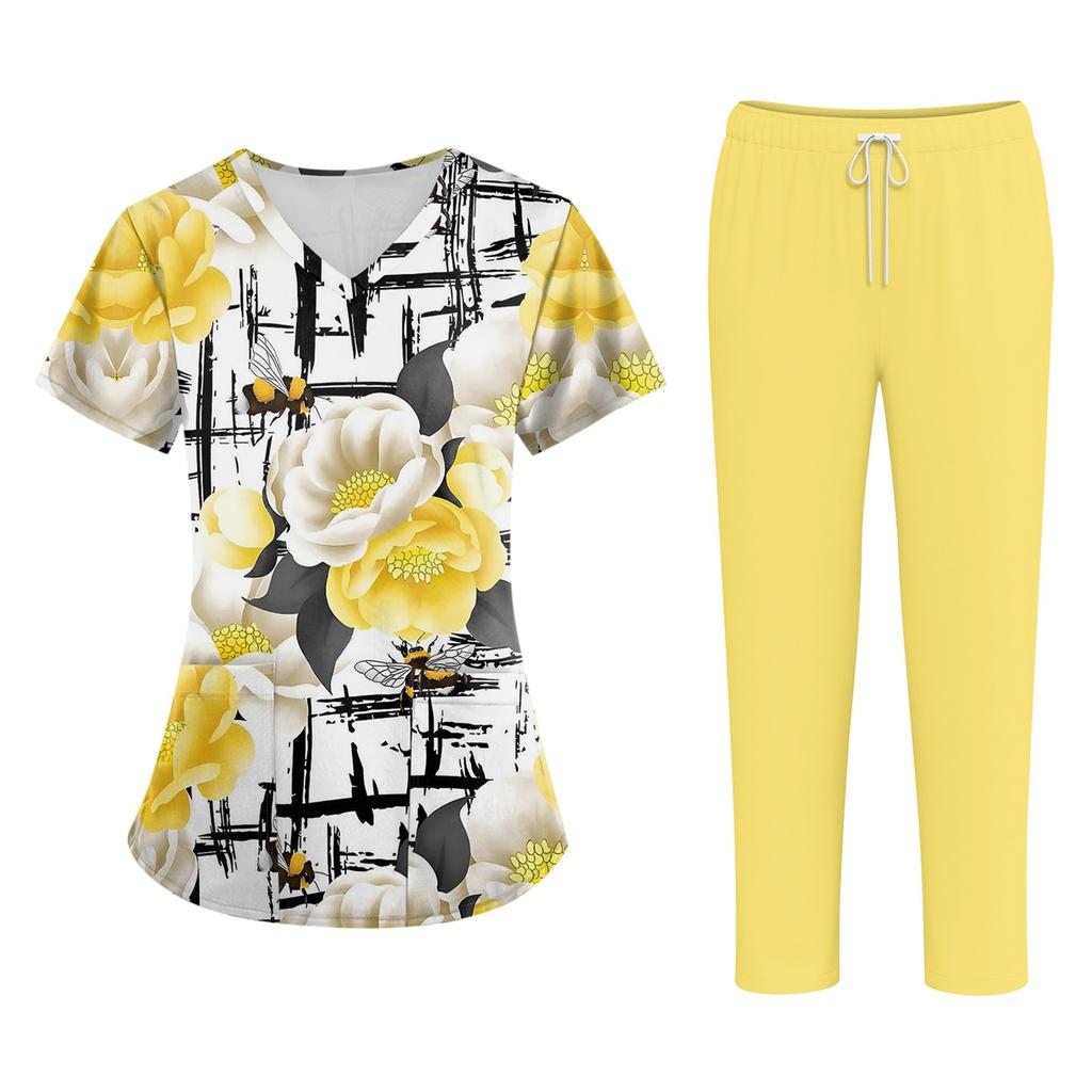 Plus SizePrinted Scrub Working Uniform Tops For Women's Cross V-Neck Halloween Print Short Sleeve Fun T-Shirts Workwear Tee With Pockets