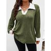 Autumn Winter New Solid Color Plus Size Women's Top V Lapel Long Sleeve Ribbed Brushed T-shirt Loose Casual