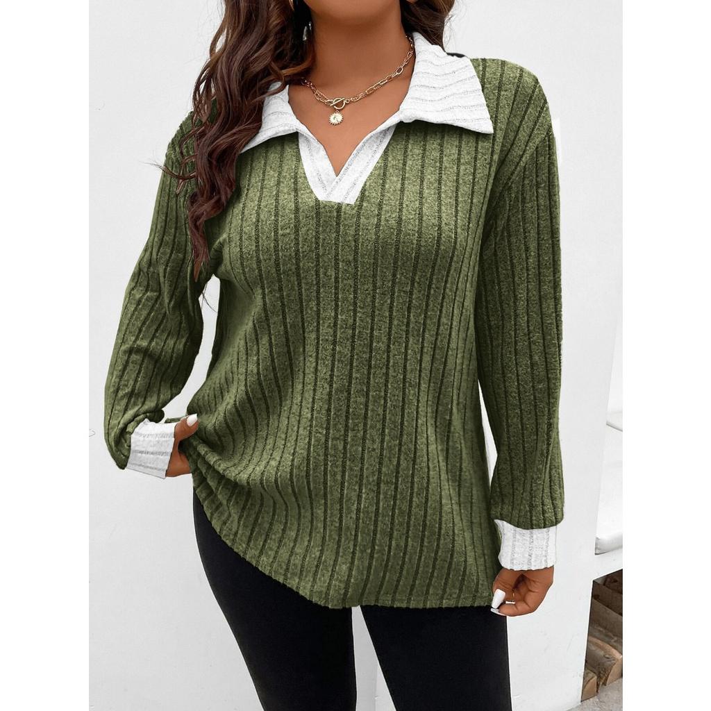 Autumn Winter New Solid Color Plus Size Women's Top V Lapel Long Sleeve Ribbed Brushed T-shirt Loose Casual