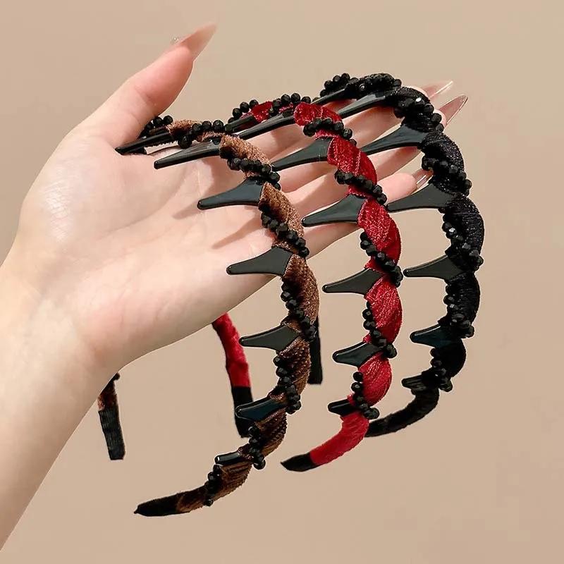 Vintage Black Velvet Crystal Wave Top Hairband For Women Girls Fashion Sweet Anti-Slip Toothed Hairband Hair Accessories