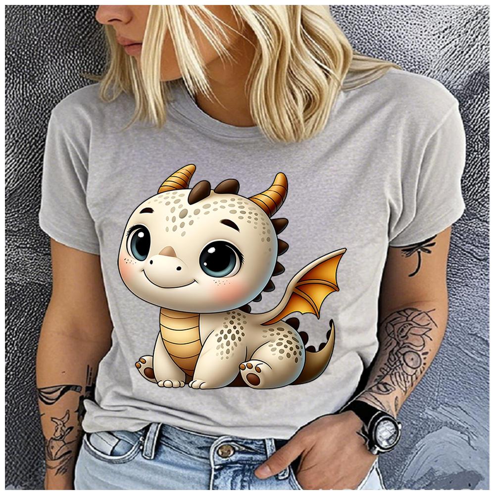 Unisex 100% Polyester Summer Top A super cute cartoon dragon Print Loose round Neck Short Sleeve Fashion for Lovers S