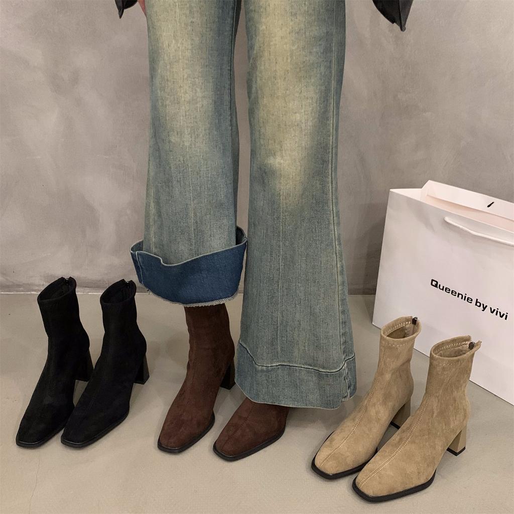 Retro suede short boots women's 2025 new autumn and winter foreign versatile and thin rear zipper square head thick heel Martin boots