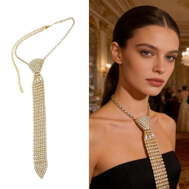 Stylish Rhinestones Tie Long Necklace Fashion Accessory For Parties Weddings And Formal Occasion Dressingup Neckpiece